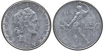 Италия 50 лир 1981 R, бог Вулкан у наковальни KM 95.1 нержавеющая сталь 4142-1143