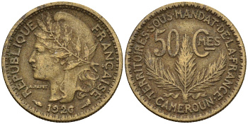 Камерун 50 сантимов 1926 (a), мондвор Париж KM 1 алюминиевая бронза 4169-1126