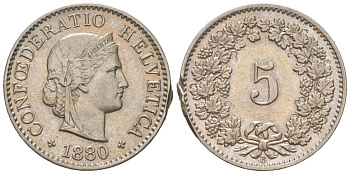 Швейцария 5 раппенов 1880 B KM 26 медно-никель 4189-946