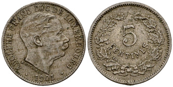 Люксембург 5 сантимов 1901 герцог Адольф (1890-1905) KM 24 медно-никель 4602-335