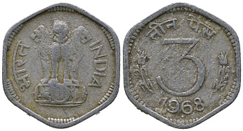 Индия 3 пайс 1968 ромб - Бомбей KM 14.2 алюминий 4181-1127