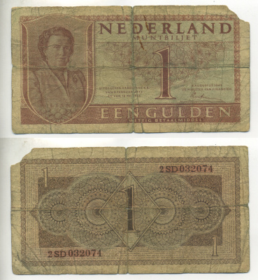 НИДЕРЛАНДЫ 1 ГУЛЬДЕН 1949 8 АВГУСТА 1949, КОРОЛЕВА ЮЛИАНА Pick 72 бумага 6299-24-3-1