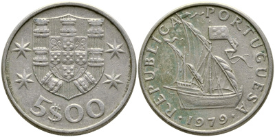 ПОРТУГАЛИЯ 5 ЭСКУДО 1979 ПАРУСНИК KM 591 медно-никель 4388-516