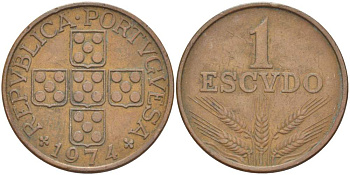 Португалия 1 эскудо 1974 KM 597 бронза 4526-111