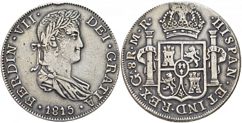 Мексика, Гвадалахара 8 реалов 1815 MR, Фердинанд VII (1808-1814) Испанский, Guadalajara Mint KM 111.3 серебро 00-816-19