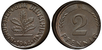 ФРГ 2 ПФЕННИГА 1964 G БРАК ЧЕКАНКИ СДВИГ ШТЕМПЕЛЯ KM 106, J.381 бронза 413-5143