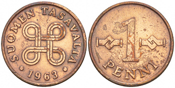 Финляндия 1 пенни 1963 первый год KM 44 медь 4547-1022