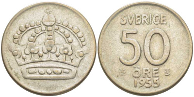Швеция 50 эре 1955 TS, Густав VI Адольф (1950-1973) KM 825 серебро 119-1054