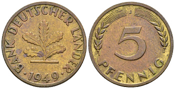 ФРГ 5 пфеннигов 1949 J KM 102, J. 377 сталь плакированная латунью 220-346