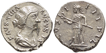 Римская Империя денарий ок. 157 - 161 Фаустина Младшая, жена Марка Аврелия AVGVSTI P II FIL, Диана Люцифера (Светоносная), держащая факел, Рим Good VE 1073-15-44