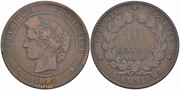ФРАНЦИЯ 10 САНТИМОВ 1897 A, ТРЕТЬЯ РЕСПУБЛИКА (1871-1940) KM 815.1, LA FRANC 135.44 бронза 82-1224