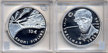 Финляндия 10 евро 2006 200 лет со дня рождения Йохана Снелльмана, философ KM 124 серебро PROOF 5-3-1-43