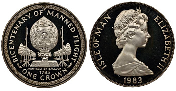 Остров Мэн 1 крона 1983 серия 200 лет пилотируемому полету, воздушный шар братьев Монгольфье KM 103а серебро PROOF 1078-1-32