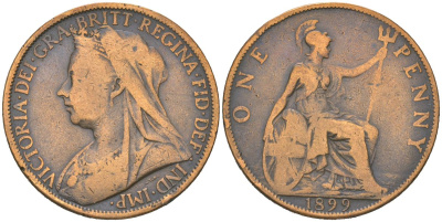 Великобритания 1 пенни 1899 Виктория (1837-1901) KM 790, Spink 3961 бронза 23460-1023