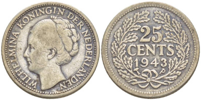 Нидерланды 25 центов 1943 Р, Вильгельмина (1890-1948) KM 164 серебро 4548-851
