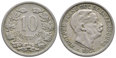 Люксембург 10 сантимов 1901 герцог Адольф (1890-1905) KM 25 медно-никель 259-512