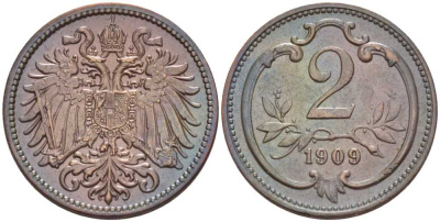 АВСТРИЯ 2 ГЕЛЛЕРА 1909 ФРАНЦ ИОСИФ (1846-1918) KM 2801 бронза 201-331