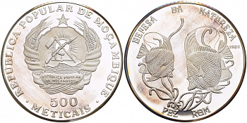 Мозамбик 500 метикалей 1989 серия зашита природы, серия зашита природы, рыба мавританский идол, тираж 2000 экз. KM 111 серебро PROOF 1068-1-21