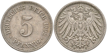 Германия 5 пфеннигов 1902 A KM 11, J. 12 медно-никель 4151-433