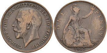 Великобритания 1 пенни 1917 Георг V (1910-1936) КМ 810, Spink 4051 бронза 4590-1146