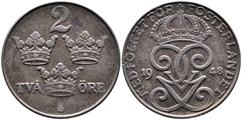 Швеция 2 эре 1948 Густав V (1907-1950) KM 811 железо 4388-1125