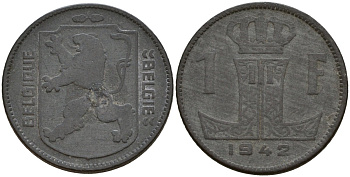 Бельгия 1 франк 1942 Belgique - Belgie, Леопольд III (1934-1947), германская оккупация, Вторая мировая война KM 127 цинк 4161-432