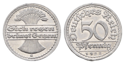 Германия 50 пфеннигов 1922 G KM 27, J. 301 алюминий UNC 3856-1143
