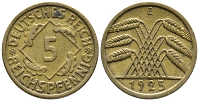 ГЕРМАНИЯ 5 РЕЙХСПФЕННИГОВ 1925 E KM 39, J. 316 алюминиевая бронза 39-553