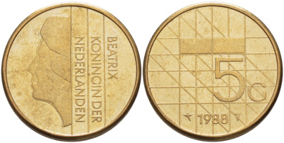 Нидерланды 5 гульденов 1988 Беатрикс (1980-2013) KM 210 никель плакированный бронзой 28-723