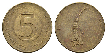Словения 5 толаров 1992 ибекс, альпийский горный козёл KM 6 латунь 4703-727
