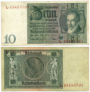 Германия 10 рейхсмарок 1929 Альбрехт Д. Тэер, буква K, серия L Pick 180a, Ros. 173е  бумага 3295-61-1