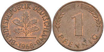 ФРГ 1 пфенниг 1968 J KM 105, J. 380 сталь плакированная медью    4115-123