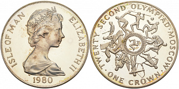 Остров Мэн 1 крона 1980 XXIII Олимпиада 1980 года в Москве, виды спорта KM 66a серебро PROOF 11-056-13