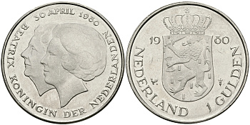 Нидерланды 1 гульден 1980 на коронацию Беатрикс, 30 апреля 1980 KM 200 никель 94-711