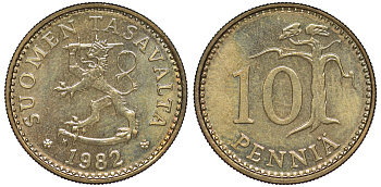 ФИНЛЯНДИЯ 10 ПЕННИ 1982 K KM 46 алюминиевая бронза 3334-1139