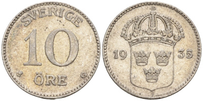 Швеция 10 эре 1935 G, Густав V (1907-1950) KM 780 серебро 4147-839