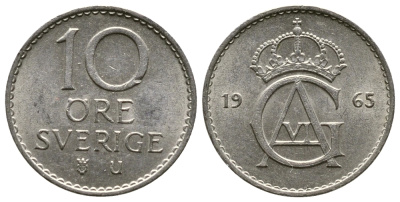 Швеция 10 эре 1965 U, Густав VI Адольф (1950-1973) KM 835 медно-никель 3458-149