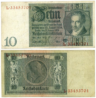 Германия 10 рейхсмарок 1929 Альбрехт Д. Тэер, буква K, серия L Pick 180a, Ros. 173е  бумага 3295-61-1