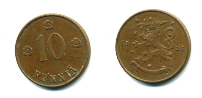 Финляндия 10 пенни 1926 республика (1918-1962) KM 24 медь 46-2655
