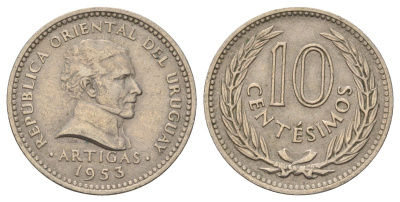 Уругвай 10 сентесимо 1953 KM 35 медно-никель 4172-341