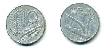 Италия 10 лир 1953 R, плуг, колосья KM 93 алюминий 23-1144