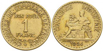 ФРАНЦИЯ 1 ФРАНК 1924 OPEN 4 KM 876 алюминиевая бронза 186-312