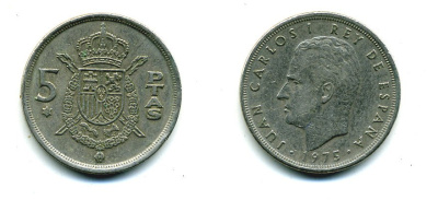 Испания 5 песет 1975 (78) Хуан Карлос I (1975-2014) KM 807 медно-никель 51-4436