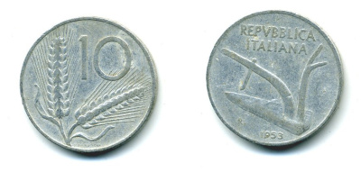 Италия 10 лир 1953 R, плуг, колосья KM 93 алюминий 23-1144