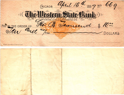 США чек на 10 долларов 1899 The Western State Bank, Чикаго бумага 6287-41-3-2