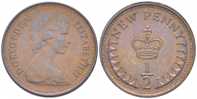 Великобритания 1/2 пенни 1974 Елизавета II (1952-2022) KM 914, Spink 4239 бронза 4549-222