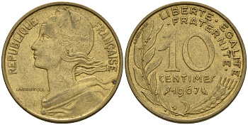 Франция 10 сантимов 1967 тип Marianne KM 929 алюминиевая бронза    4602-554