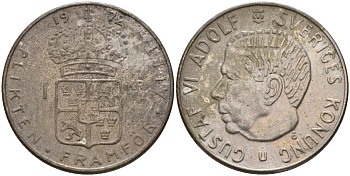 Швеция 1 крона 1972 U, Густав VI Адольф (1950-1973) KM 826a медь плакированный медно-никелем 4150-326