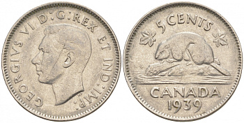 Канада 5 центов 1939 Георг VI (1937-1952), бобр KM 33 никель 73-1127