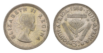 ЮАР 3 пенса 1958 Елизавета II (1952-2022) KM 47 серебро 4547-917